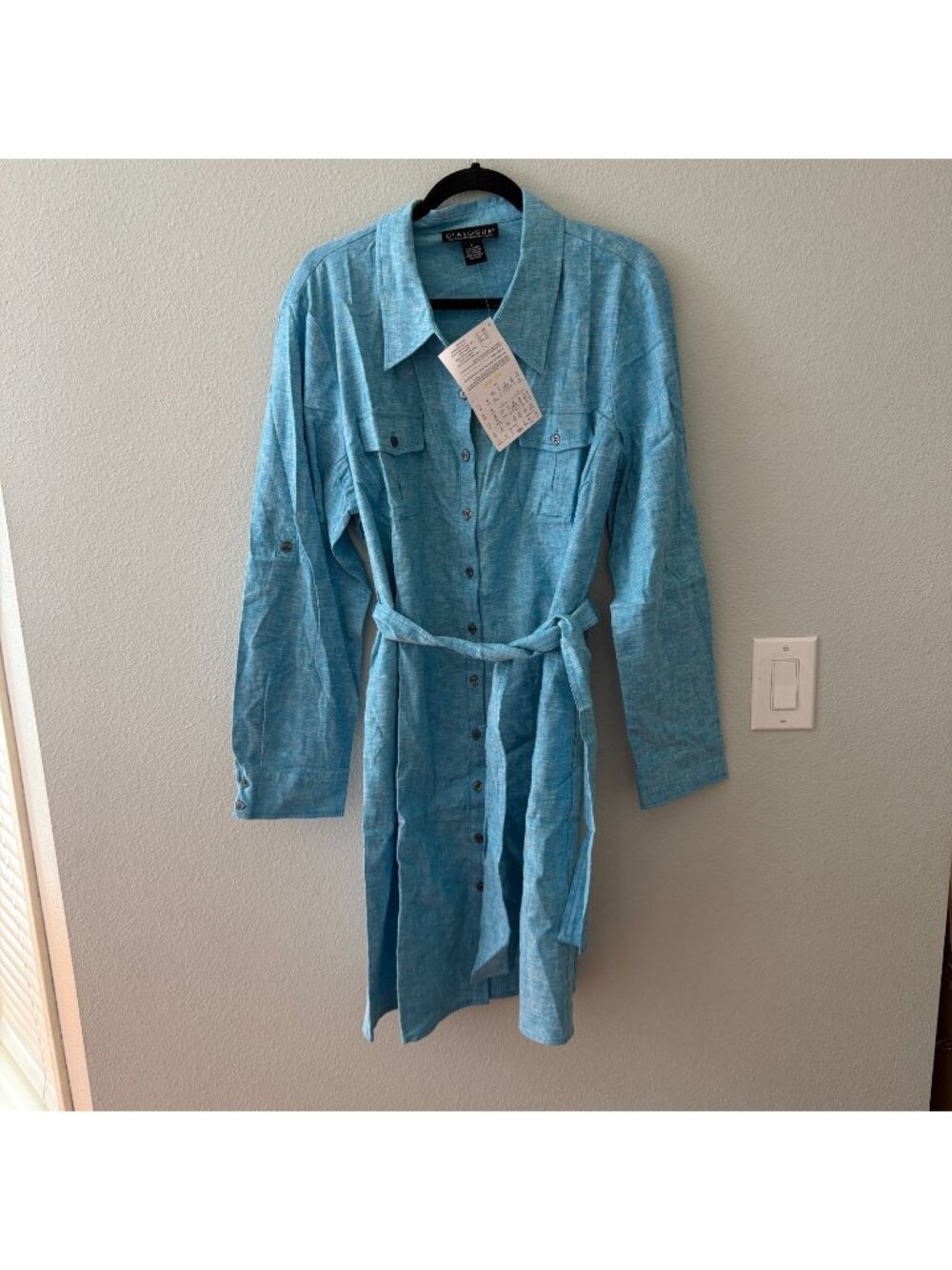 NWT Dialogue QVC Blue Linen Cotton Midi Shirt Dress LARGE Long Sleeve